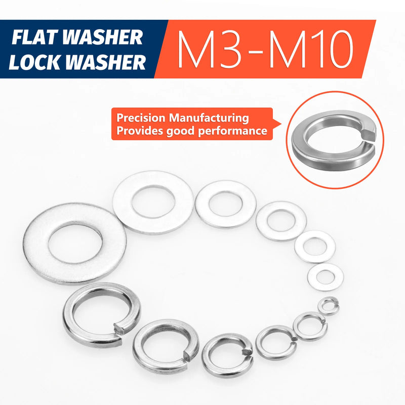 260pcs Lock and Flat Washer Assortment Kit Stainless Steel M3 M4 M5 M6 M8 M10 Spring Lock Washers and Flat Washers Set