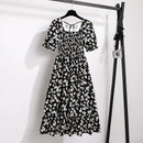 Spring Summer Chiffon Dresses Fashion Female Elastic Waist Short Sleeve Pleated Casual Dress Women A-line Dresses Vestidos