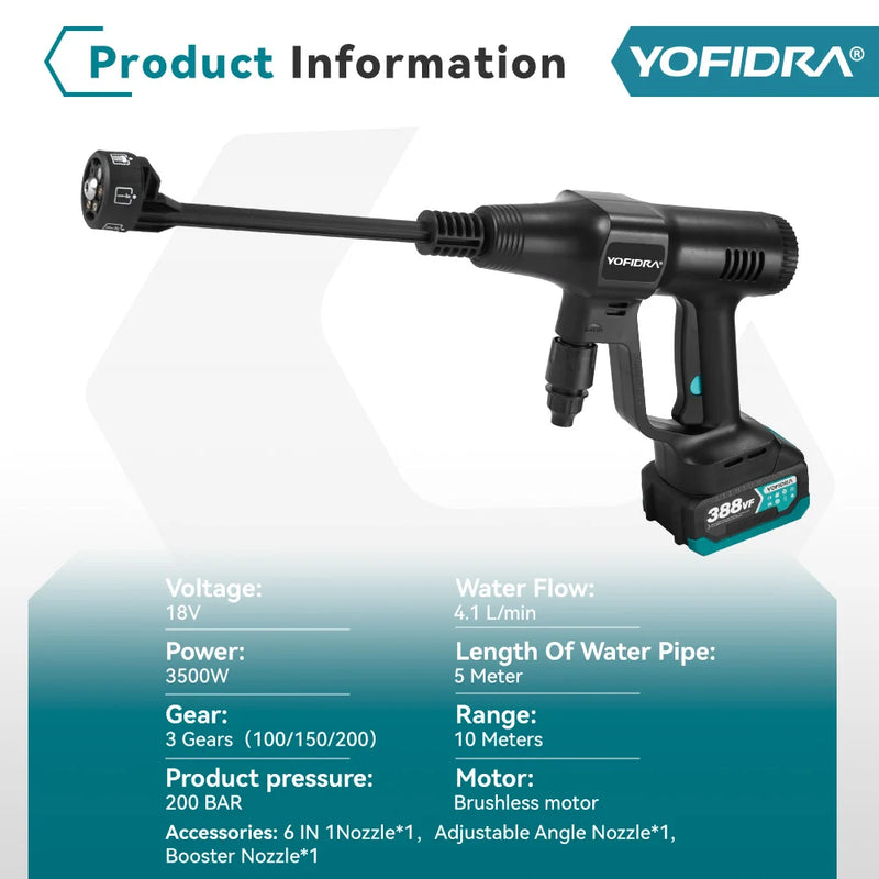YOFIDRA 6 IN1 High Pressure Car Water Spray Gun 200Bar Cordless Garden Washing Machine Cleaner Power Tool For 21V 18V Battery