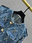 DEAT Women's Denim Jacket O-neck Embroidered Flares Diamond Pearls Buttons Plaid Elegant Coat 2025 Summer New Fashion 29L6353