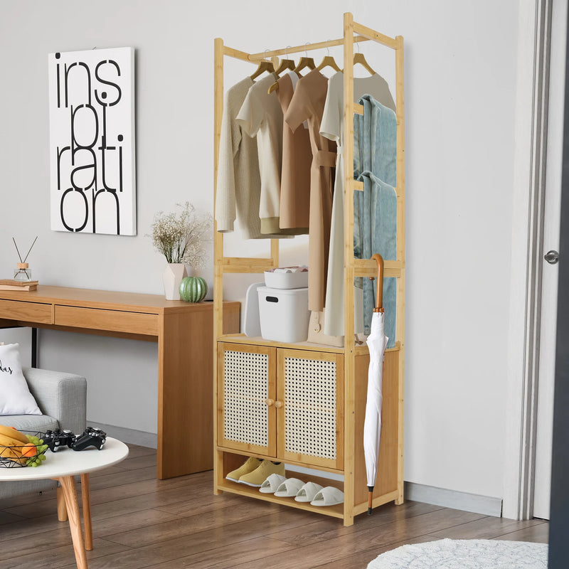Clothes Stand with Cabinet Free-standing Bamboo Open Garment Rack with Storage Shelves Hanging Clothes Rack for Living Room