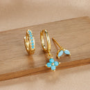 3PCS Stainless Steel Gold Color Four Flower Hoop Earrings Set for Women Elegant Zircon Pendant Huggies Piercing Trendy Jewelry