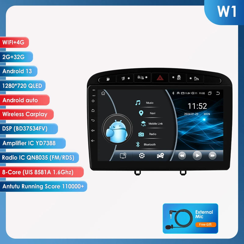 Hizpo 2Din Wirless CarPlay Android Auto Car Radio for 308 308S 408 2012 - 2020 UI7862 Headunit DSP RDS BT 4G GPS Navi 360° CAM