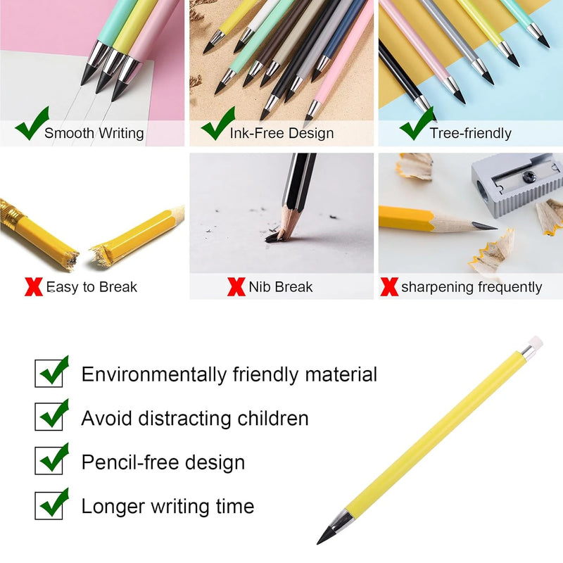 12 PCS Inkless Pencil, Everlasting Pencil Infinity Pencil with Eraser, Reusable Infinite Pencil Replaceable Nibs