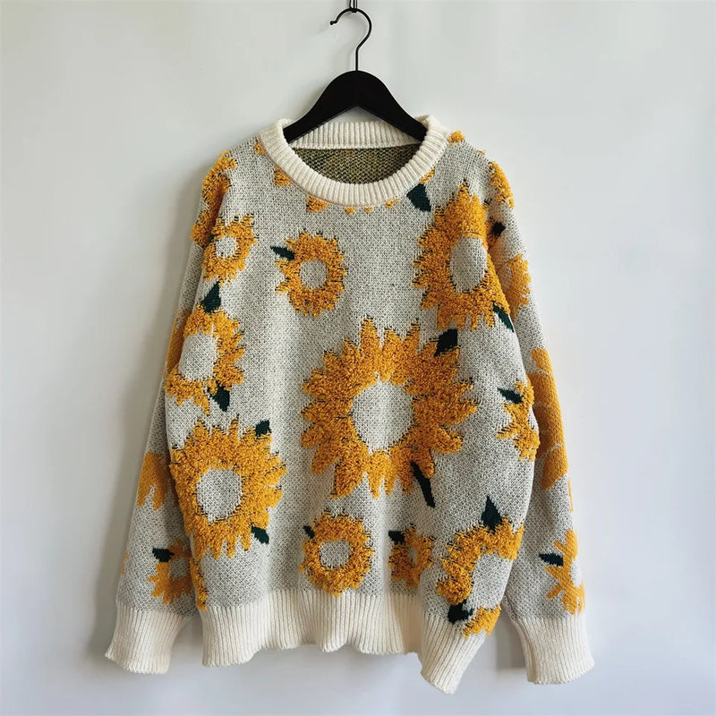 OMCHION Korean Sweater 2023 Autumn Winter New Knitted Top Sunflower Embroidery Sweater  Women Casual Loose Pullover Fashion