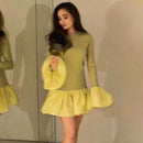 TARUXY Knitted Mini Dress Female Long Sleeves Gown Flare Sleeves Spliced Autumn Winter Dress A-Line Sweet Bodycon Women Clothes