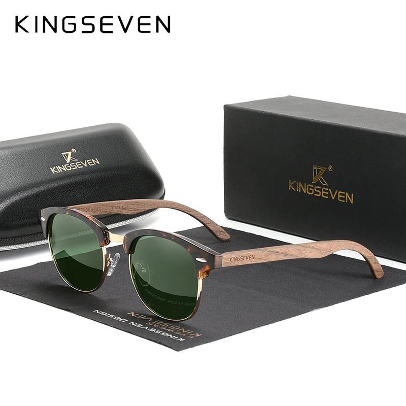KINGSEVEN Handmade Black Walnut Wooden Sunglasses Men Polarized UV400 Protection Semi-Rimless Retro Eyewear Women For Driving