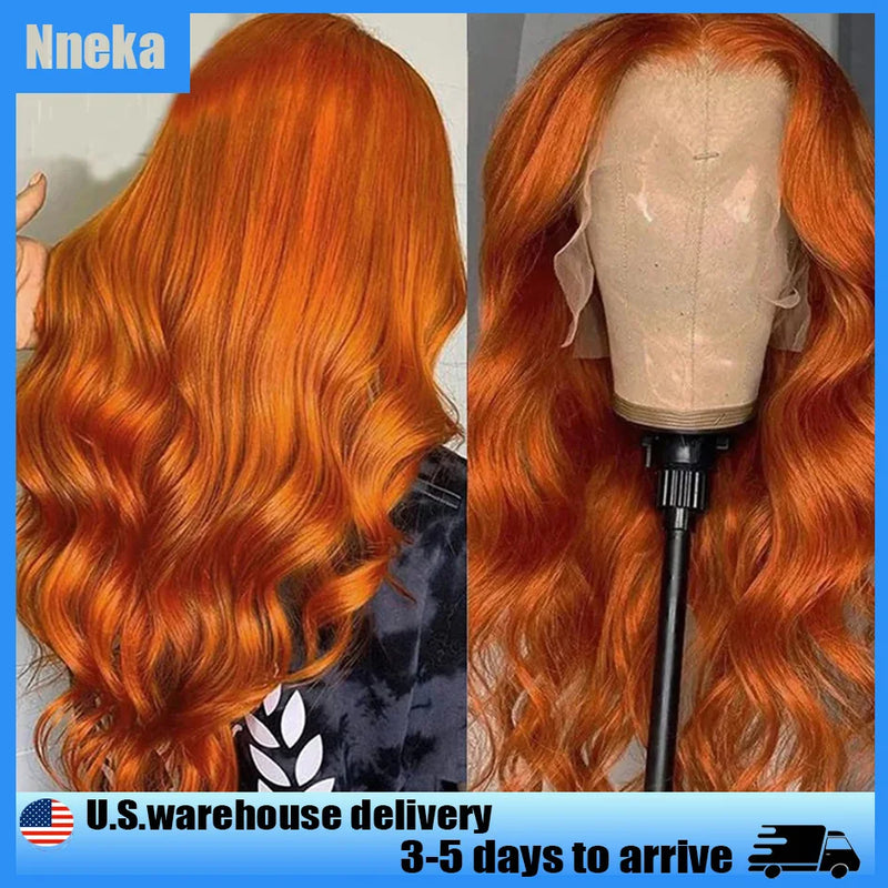 Nneka 36 Inch Body Wave Lace Front Wig 13x6 13x4 Lace Frontal Loose Body Wave Orange Ginger Human Hair Wig Colored Human Hair