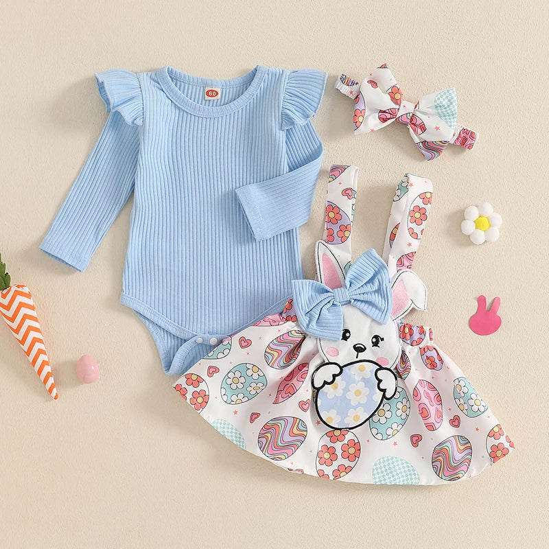 Adorable Baby Girl Easter Outfits with Bunny Embroidery Long Sleeve Romper Suspender Skirt and Headband - 3 Piece Set for