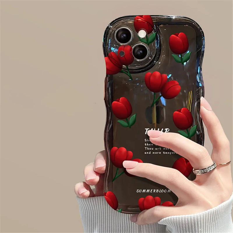 Korea Cute Wave Rose Flower Love Heart Hang Chain Soft Case For iPhone 14 Pro Max 12 13 11 X XS XR 7 8 Plus SE Clear Cover Capa