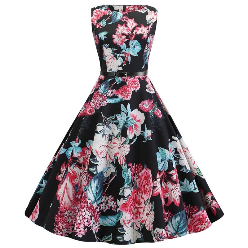 Floral Print Summer Dress Women Vintage Dresses Elegant Retro Party Tank Sleeveless Casual Office Dress