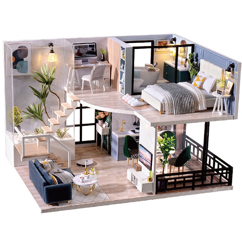 Cutebee DIY Doll House Miniature with Furniture LED Music Dust Cover Model Building Blocks Toys for Children Casa De Boneca M21