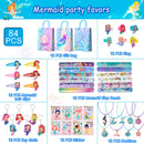 84pcs Mermaid Party Favors for Boys and Girls with Mermaid Birthday Rings Keychain Slap Bracelets Bags Hair Clips Necklace etc