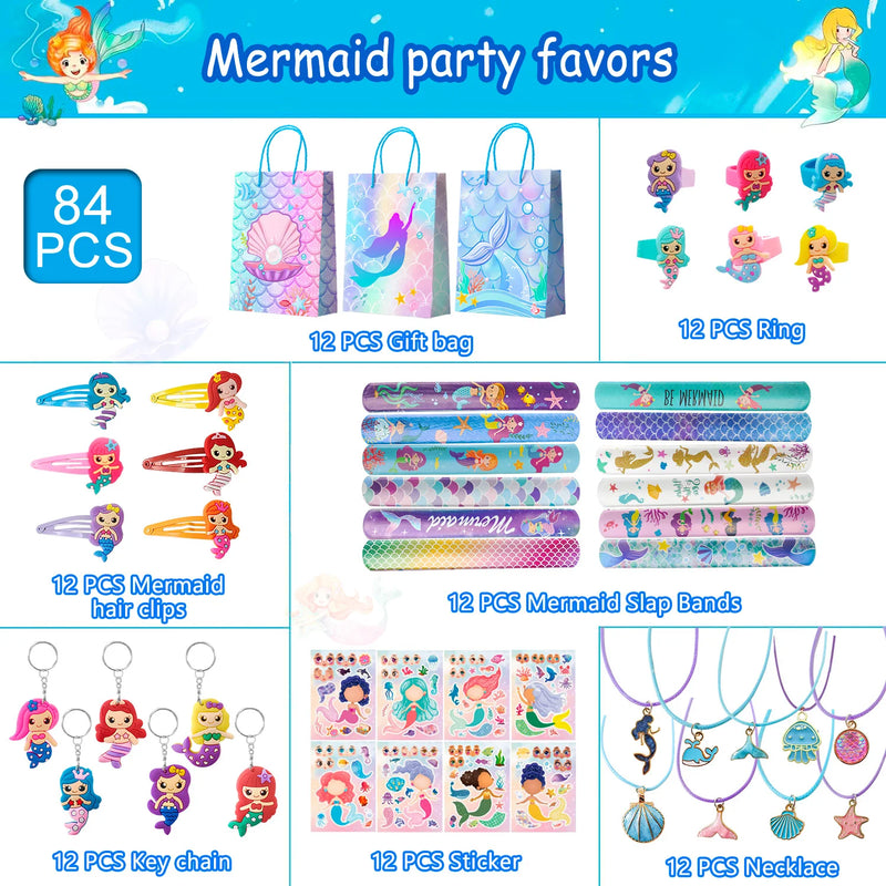 84pcs Mermaid Party Favors for Boys and Girls with Mermaid Birthday Rings Keychain Slap Bracelets Bags Hair Clips Necklace etc