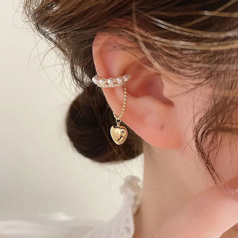 Gold Color Heart Rhinestone Tassel Non-Piercing Cuff Ear Clip Earring For Women Elegant Femme Fake Cartilage Piercing Jewelry