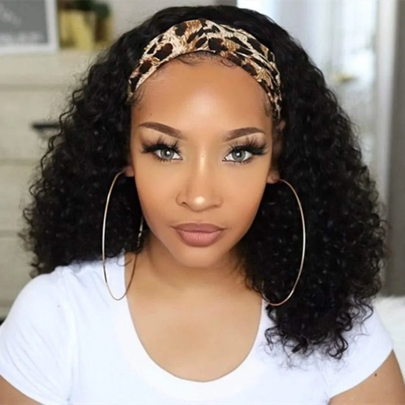 Full Machine Made Bling Hair Headband Wig 180% Density Brazilian Remy Kinky Curly Human Hair For Black Women 100% Human Hair