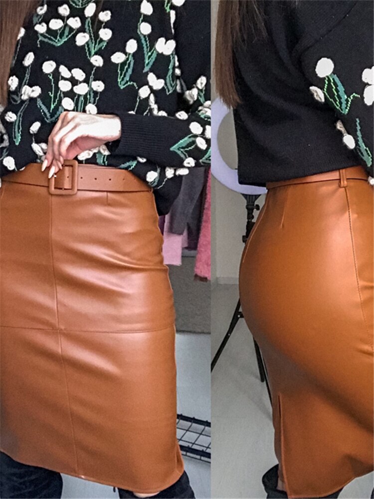 REALEFT Stylish PU Leather Wrap Midi Skirts with Belt Autumn Winter 2022 New Women High Waist Sheath Pencil Back Split Skirts