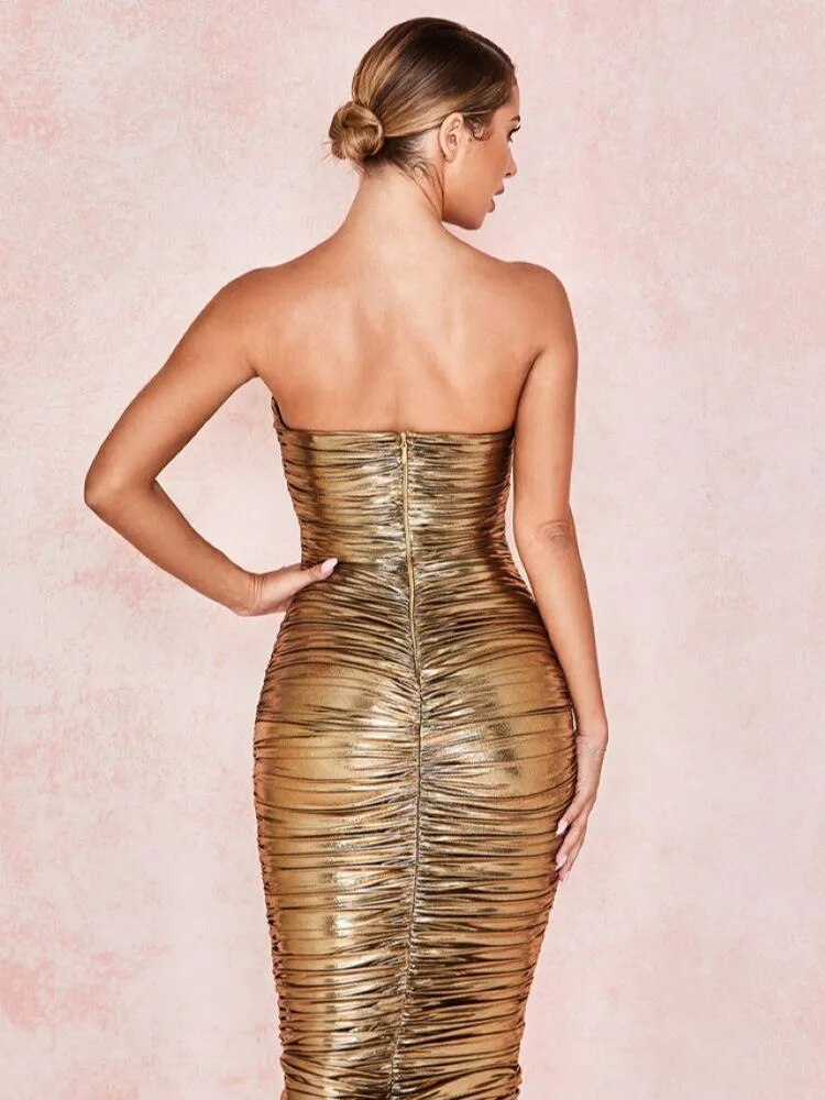 BEAUKEY Gold Shiny  Sexy HL Bandage Strapless Dress Women Celebrity  Club Drape Winter Autumn Slash Neck Vestidos