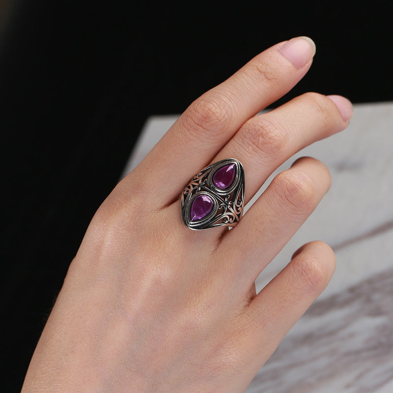Charms 6x9MM Natural Amethyst Rings Women's Silver Jewelry Vintage Ring Anniversary Party Gifts For Women
