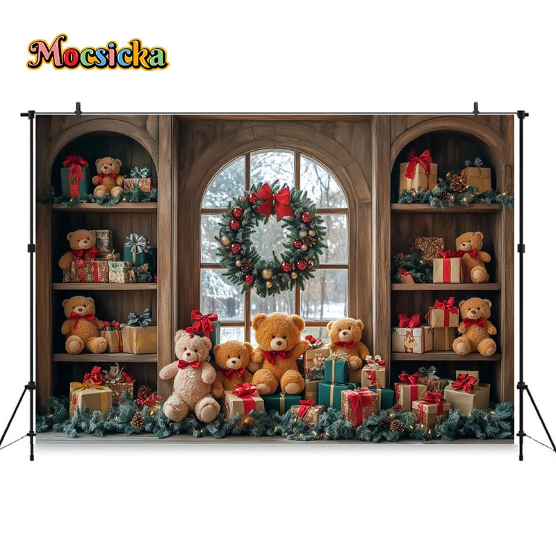 Christmas Toy Bear Gift Room Background Photography Kids Baby Show Wooden Bookshelf Window Backdrop Winter Xmas Tree Gift Booth