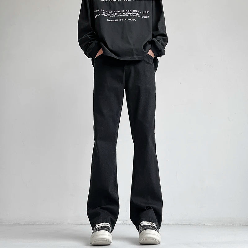 Autumn Vintage Straight Wide Legs BLACK Jeans Men's Streetwear Harajuku Washed Baggy Casual Flare Denim Trousers Y2K Male Pants