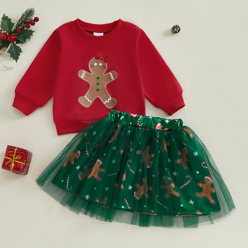 Suefunskry Toddler Girls 2Pcs Christmas Outfits Long Sleeve Gingerbread Sweatshirt Candy Cane Print Tulle Skirt Baby Fall Set