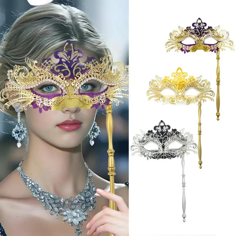 Metal Fancy Elegant Party Masque with Handheld Stick Half Face Venetian Masque with Rhinestones for Women Men Prom Masquerade