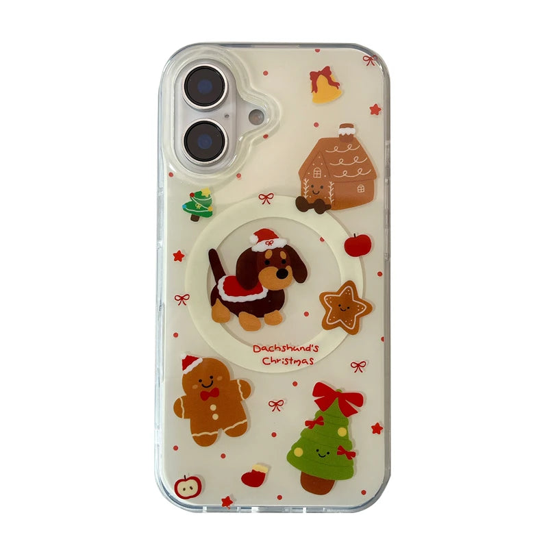 Cute Christmas Magnentic Phone Case For iPhone 16 Pro 14 13 15 Pro Max Cover with Magsafe Holder Shockproof Cute Puppy Cases 15