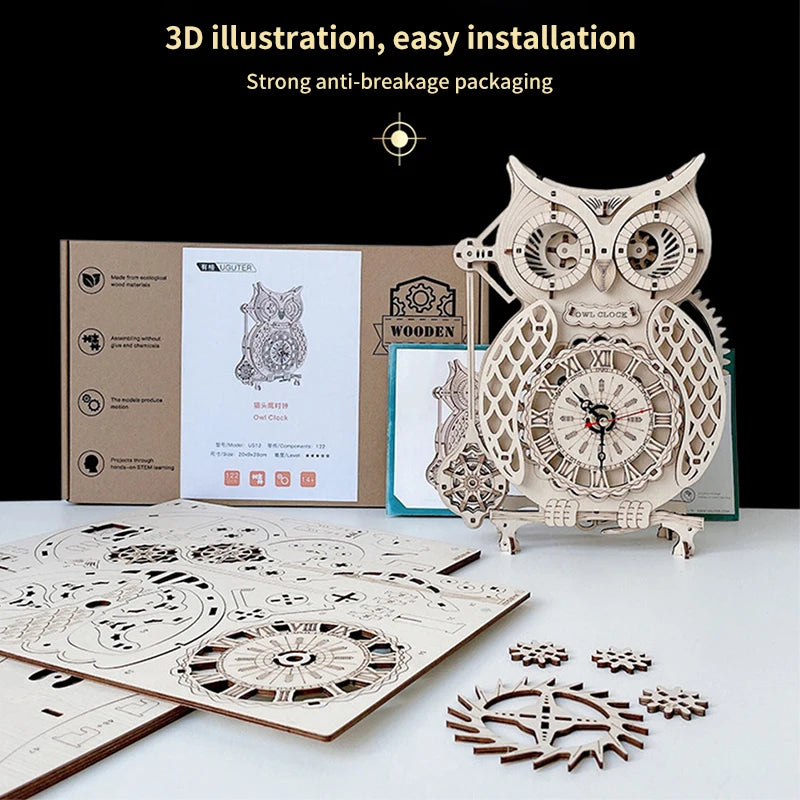 Wooden Puzzle 3D Owl Clock Model Building Kits Creative DIY Wall Clock Mechanical Retro Pendulum Clock Assembly Toy for Adults