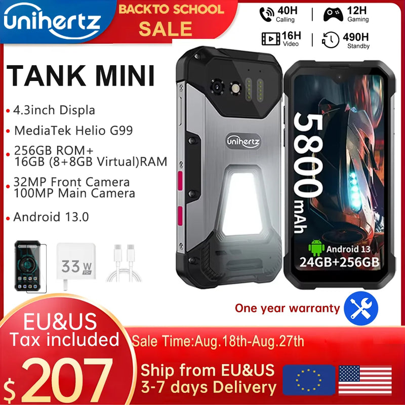 Unihertz 8849 Tank Mini Rugged Smartphone 4.3 Inch Display Android 13 Helio G99 Octa Core 5800mAh 100MP Cameras 16GB 256GB IP68