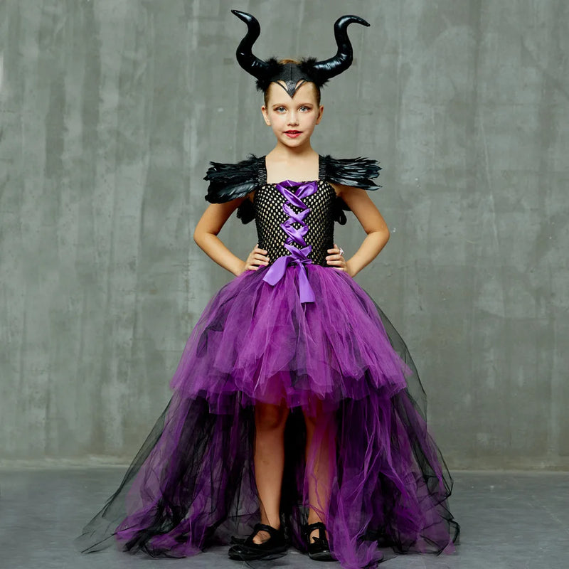 Disney Maleficent Halloween Costume Maleficent Tulle Dress Girls Cosplay Evil Queen Purple Mesh Princess Dress Kids Crow Wand