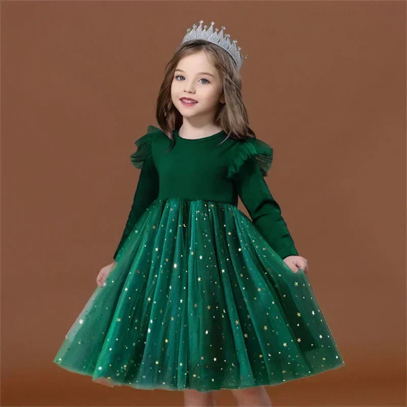 Children Christmas Dress for Girl Sequin Star Mesh Princess Dresses Red Christmas Clothes Kids 2025 New Years Party Costume 3-8Y