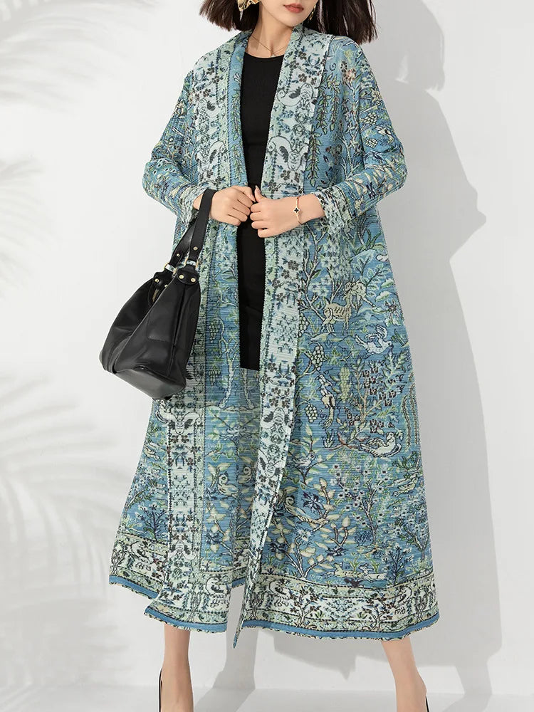 Miyake Fold 2023 Autumn New Fashion Trench Coat Loose Print Cardigan Long Lapel Stretch Coat