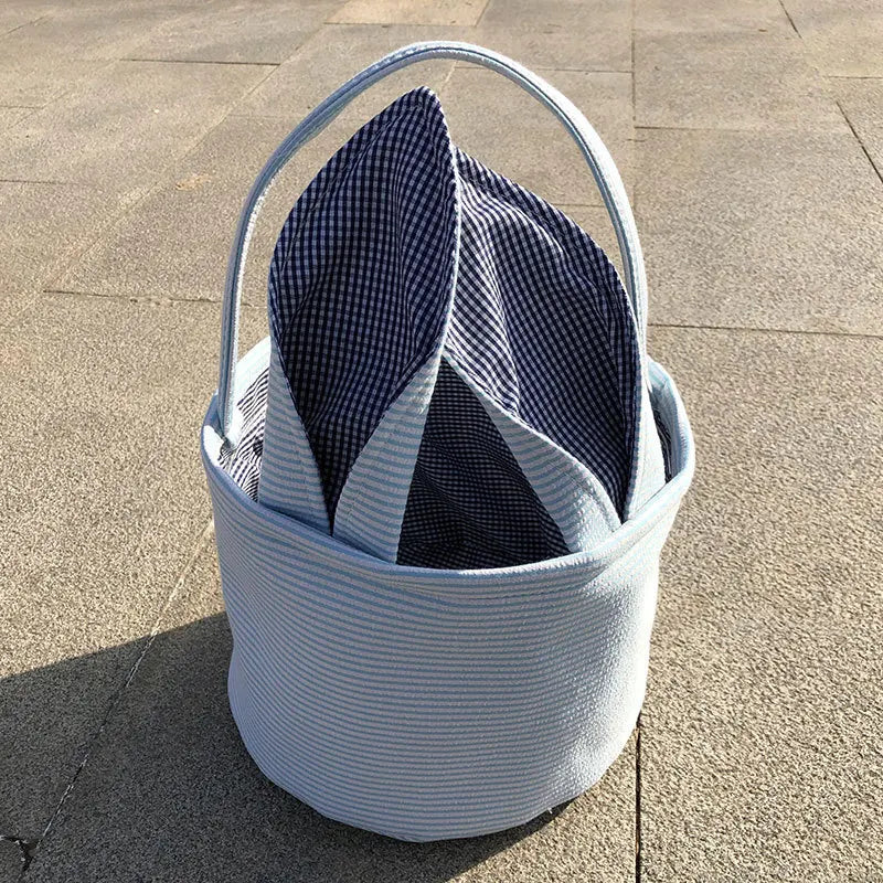 Personalized Seersucker Easter Basket with Gingham Floppy Bunny Ears, Embroidered Canvas Seersucker Easter Baskets for Kids Gift