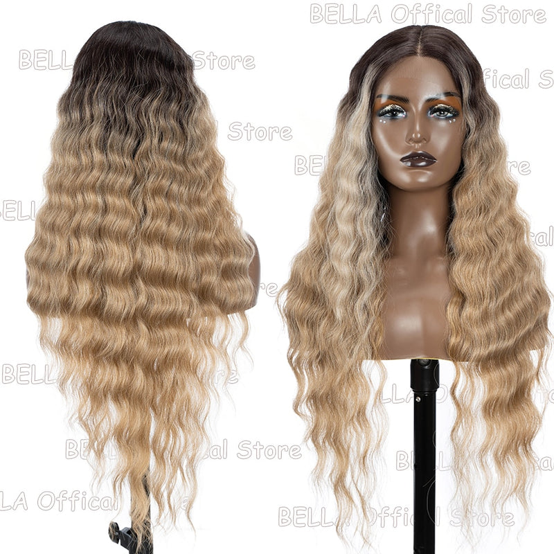 BELLA Lace Wigs Synthetic Deep Wave Curly Synthetic Lace Front Wig Blonde Wig Pink 30 Inch Hair Wigs For Black Women Cosplay