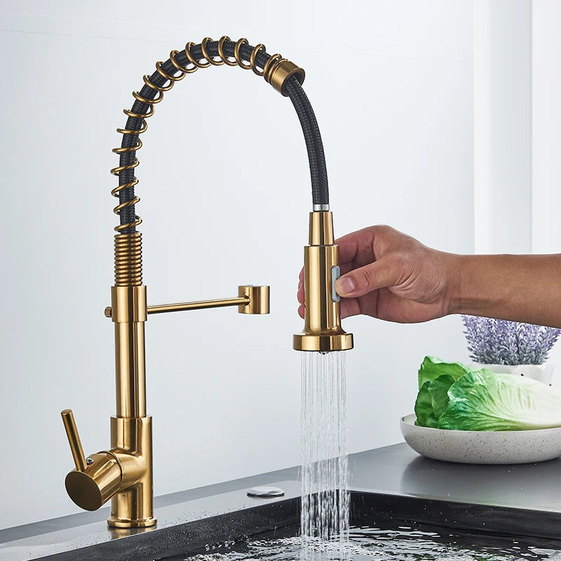 Quyanre Brushed Gold Kitchen Faucet Pull Down Kitchen Faucet Single Handle Mixer Tap 360 Rotation Torneira Cozinha Mixer Tap