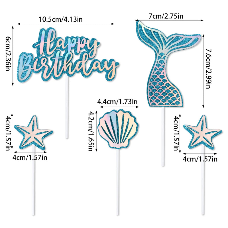 Mermaid Birthday Party Decor Glitter Mermaid Tail Sea Shells Starfish Cake Topper Baby Shower Girls 1st 2th Birthday party decor