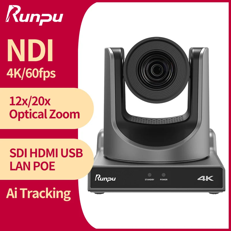 Runpu 4K60FPS NDI Camera POE 12X 20X Zoom AI Tracking PTZ Camera SDI HDMI USB POE IP Conference Camera for Church Live Streaming