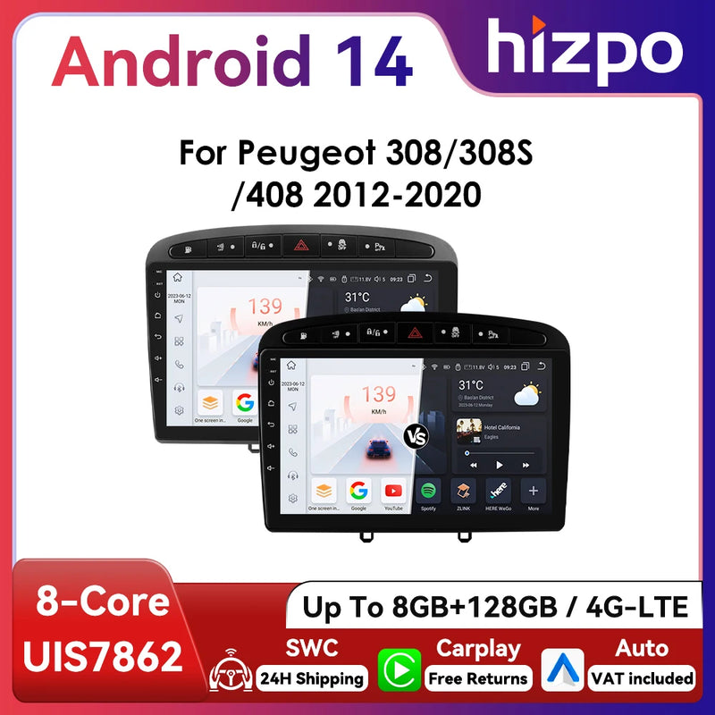 Hizpo 2Din Wirless CarPlay Android Auto Car Radio for 308 308S 408 2012 - 2020 UI7862 Headunit DSP RDS BT 4G GPS Navi 360° CAM