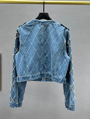DEAT Women's Denim Jacket O-neck Embroidered Flares Diamond Pearls Buttons Plaid Elegant Coat 2025 Summer New Fashion 29L6353