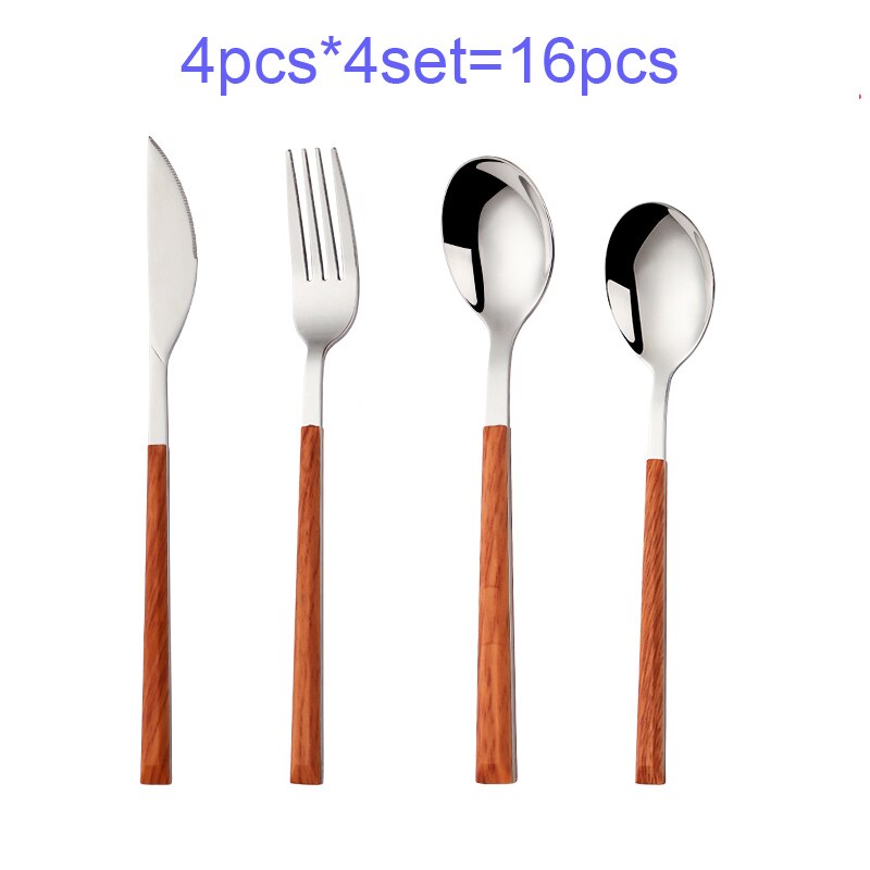 16/20/24Pcs 304 Stainless Steel Dinnerware Sets Glossy Silver Wooden Tableware Western Food Knife Fork Teaspoon Cubiertos