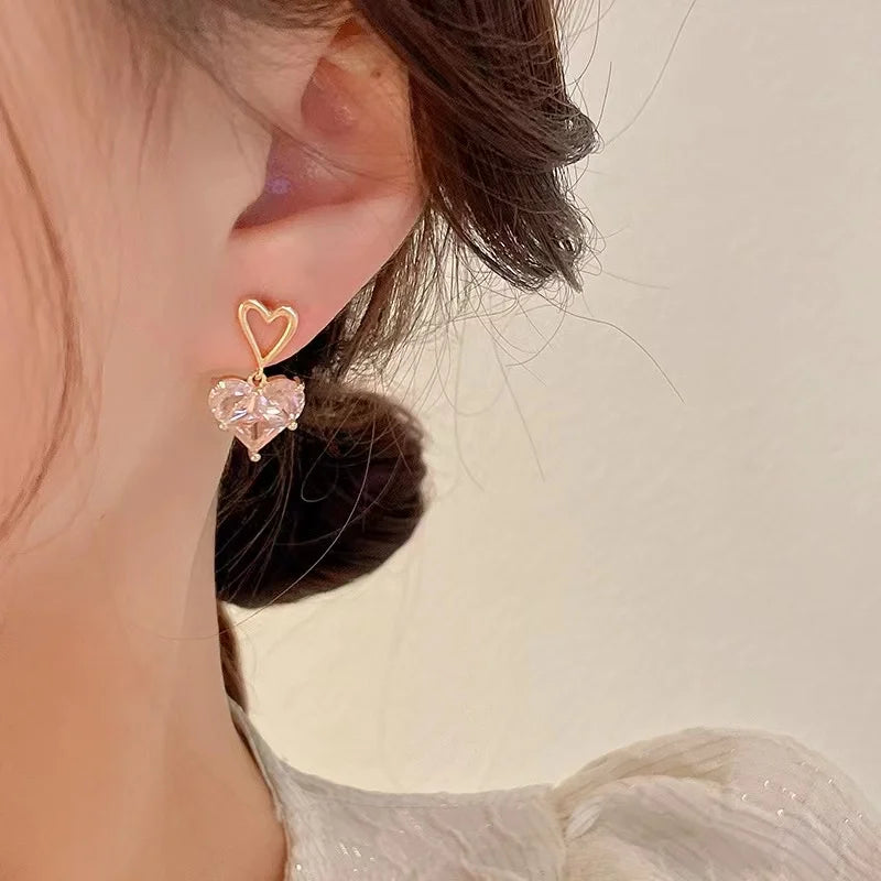 2023 New Premium Pink Zircon Heart-shaped Pendant Earrings Student Girls' Sweet Accessories For Party Women's Luxury Set Jewelry