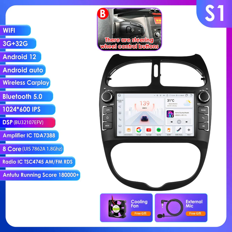 Hizpo 2Din 7inch Android Car Radio for Peugeot 206 206CC 206SW 2000 - 2008 Multimedia 4G BT Auto CarPlay GPS RDS DSP Stereo