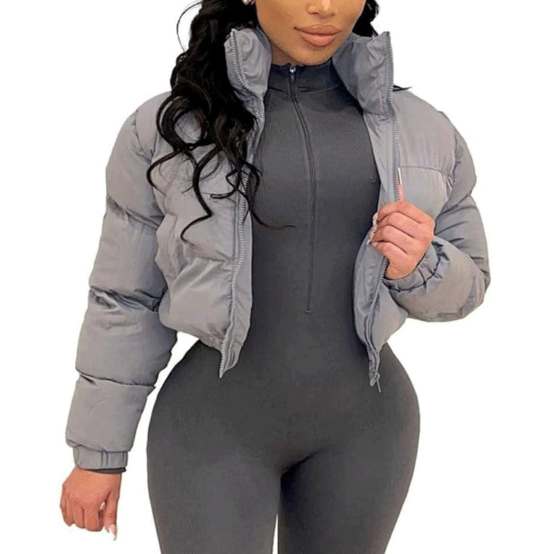 Puffer Jacket Womens Cropped Zip Casual Cotton Coat Up Padding Warm Jackets Winter Coats
