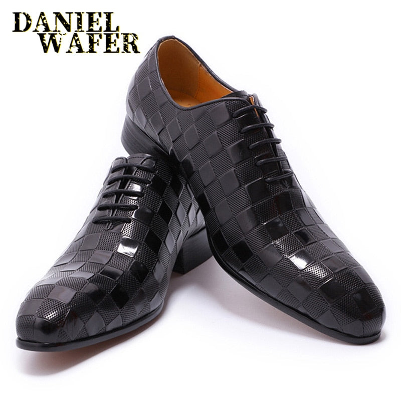 Luxury Italian Leather Dress Shoes Men Fashion Plaid Print Lace-Up Black Brown Wedding Office Shoes Formal Oxford Shoes for Men