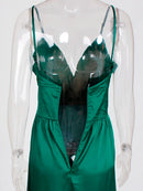 Green Red Satin V Neck 2 Splits Party Dress Backless Sexy Maxi Dress Empire Sleeveless Night Club Long Dresses