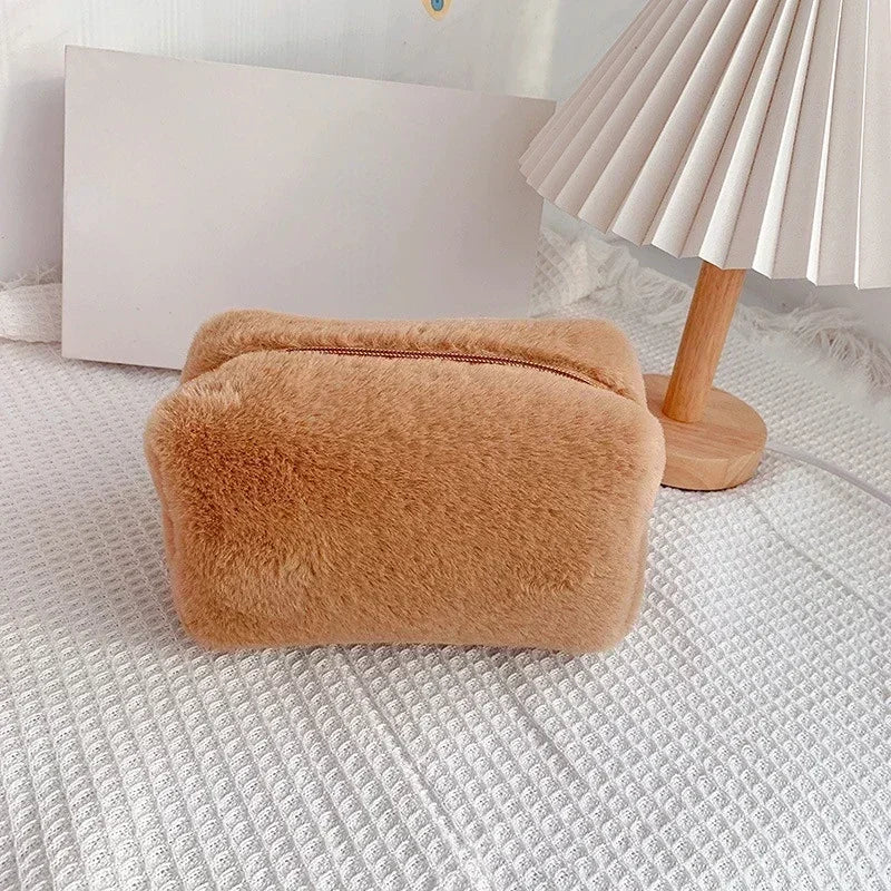 Cute Plush Makeup Bag for Women Zipper Large Solid Color Cosmetic Bag Travel Make Up Toiletry Bag Washing Pouch Plush Pen Pouch