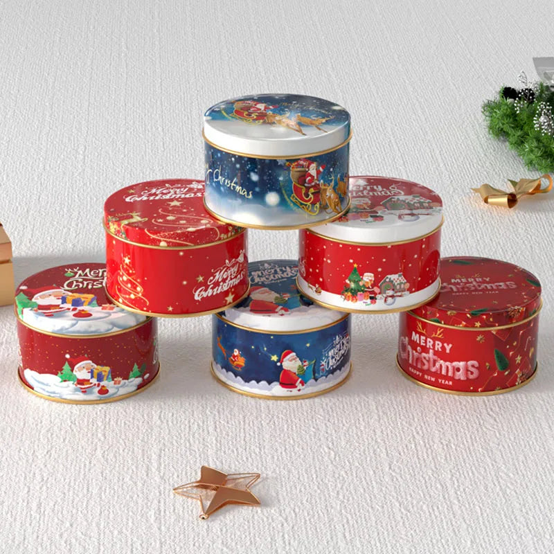 Christmas Round Metal Gift Box Candy Cookie Storage Containers Tinplate Boxes Children Christmas Gift Holiday Party Supplies