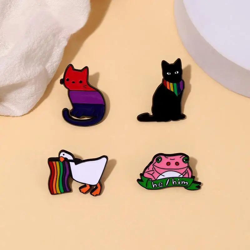 Pride Flag Enamel Pins Custom Love is Love He Him Brooches LGBT Lapel Badges Cats Frog Goose Jewelry Gift for Kids Friends