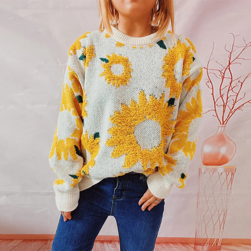 OMCHION Korean Sweater 2023 Autumn Winter New Knitted Top Sunflower Embroidery Sweater  Women Casual Loose Pullover Fashion